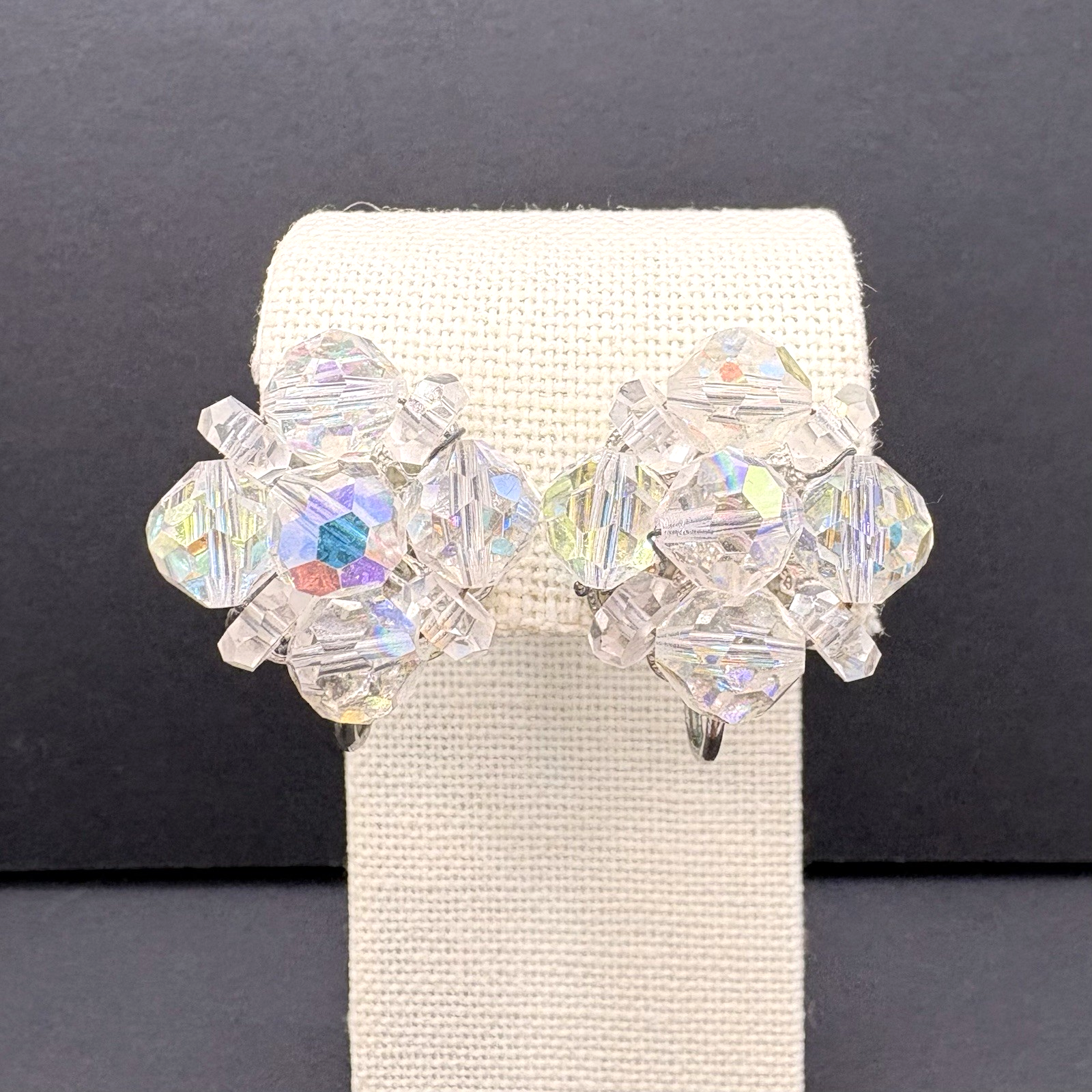 Vintage Laguna Aurora Borealis Ab Cluster Beaded Silver Tone Clip On Earrings